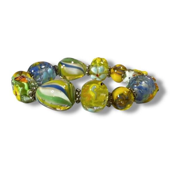 Glass Lampworks Beads Stretch Bracelet Colorful Spring Easter Silver Tone - Picture 4 of 6